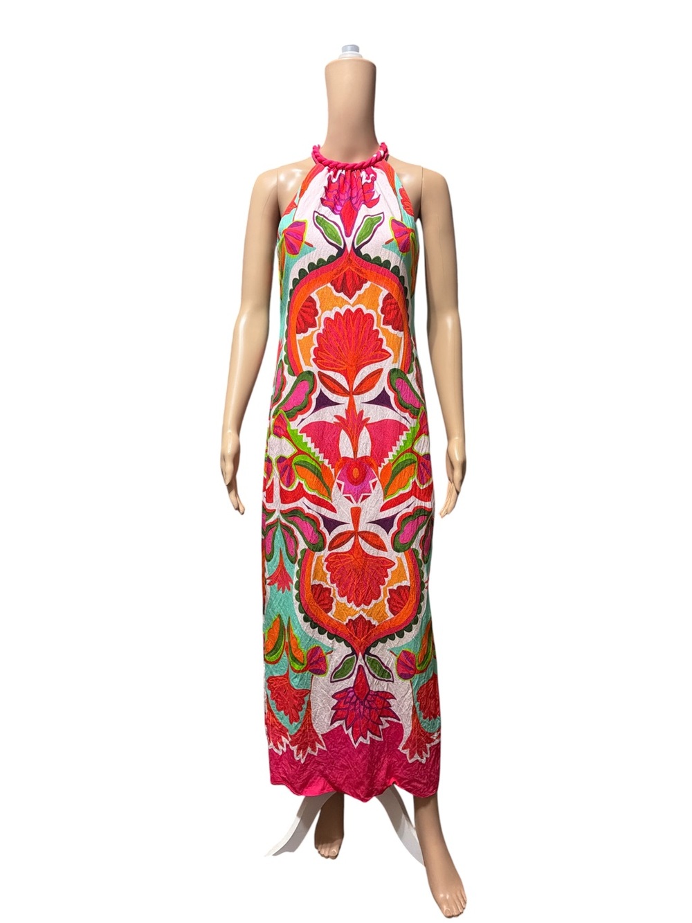 Vince Camuto Sz 0 Day Crepe Midi Dress Halter Boho Print Rope Inspired Belt